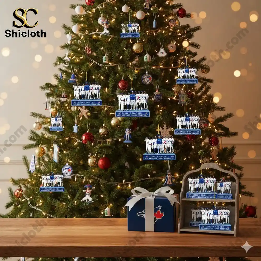 Christmas tree decorated with multiple Toronto Blue Jays ornaments featuring team figures.