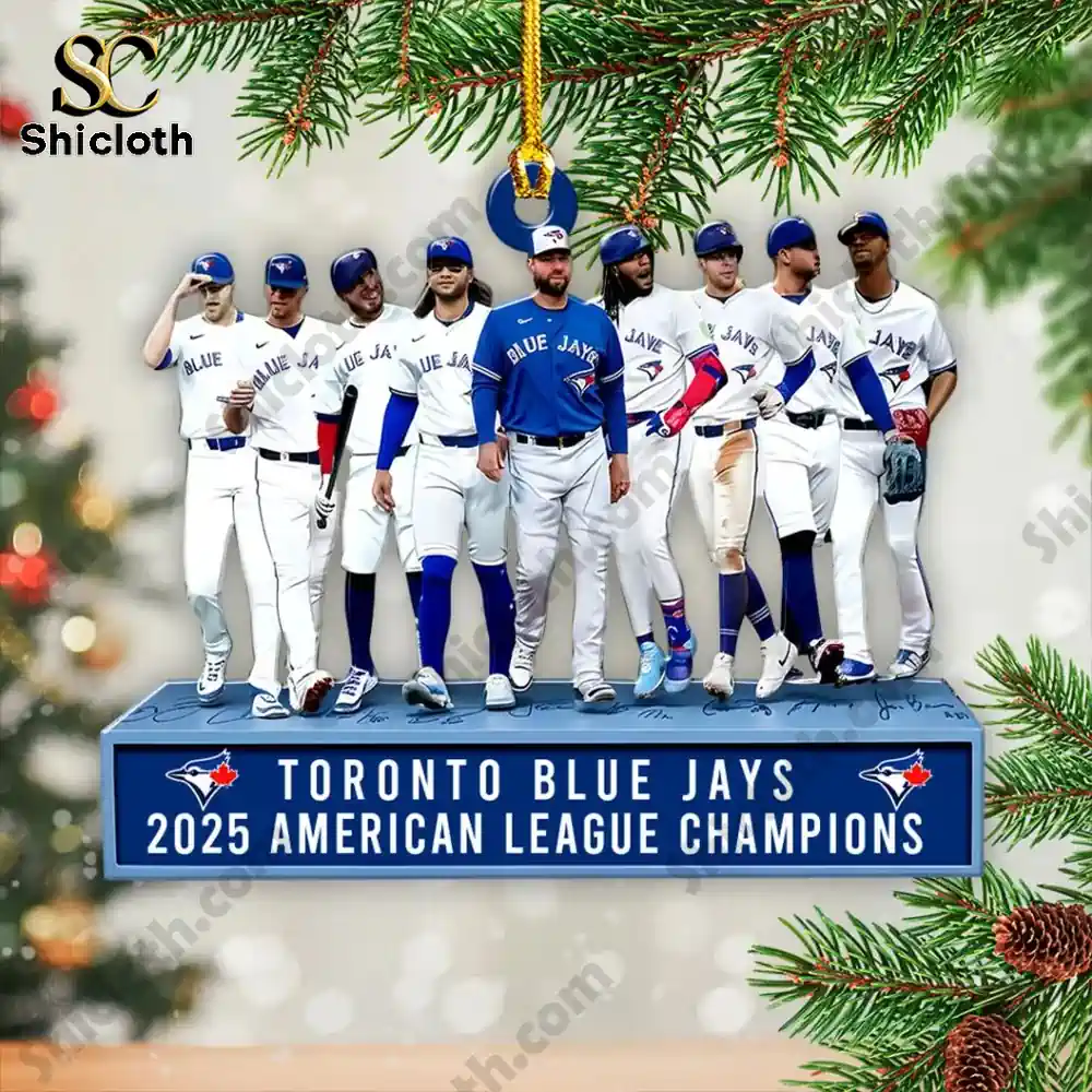 Ornament showing Toronto Blue Jays players on a base labeled 2025 American League Champions.