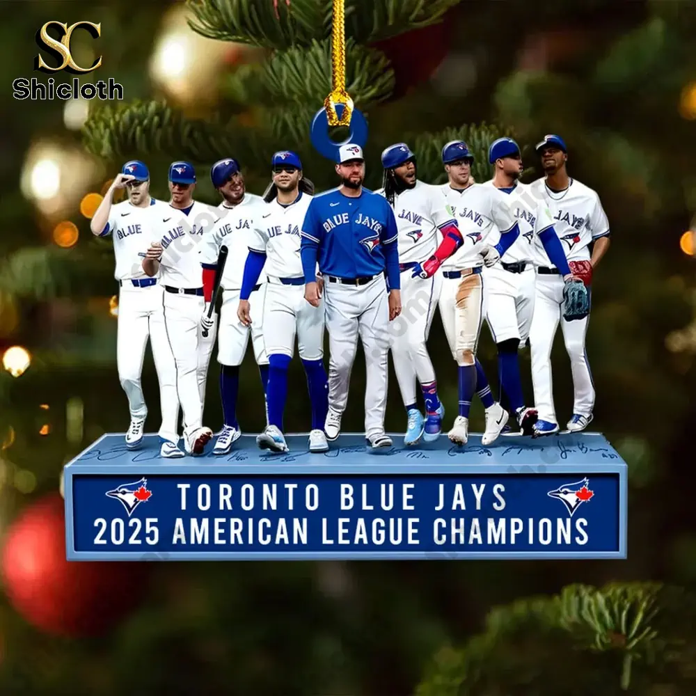 Toronto Blue Jays 2025 American League Champions Acrylic Ornament 3 Toronto Blue Jays players ornament hanging on a dark Christmas tree background.