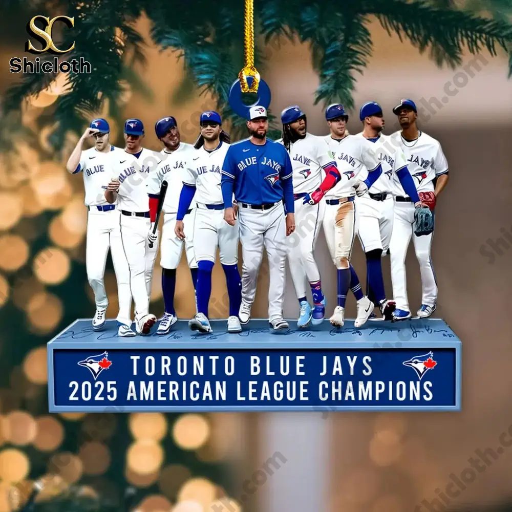Toronto Blue Jays 2025 American League Champions Acrylic Ornament 4 Ornament of Toronto Blue Jays players displayed with warm blurred lights behind.