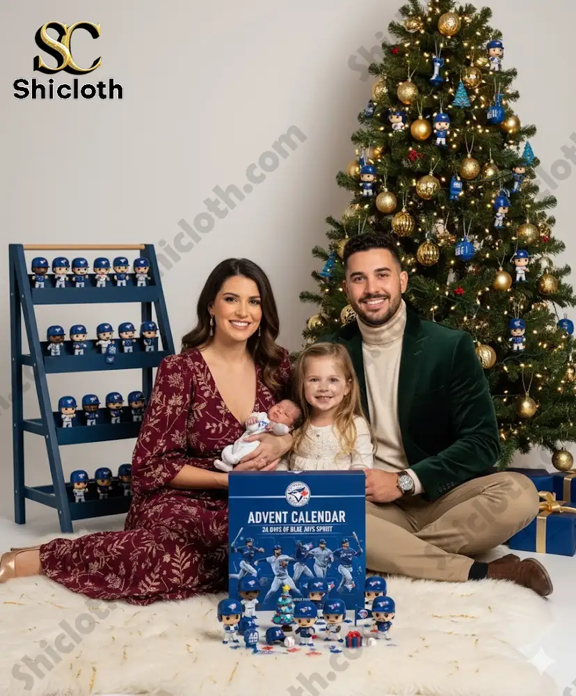 A smiling family sits by a Christmas tree with the Toronto Blue Jays Advent Calendar and mini figures displayed in front.