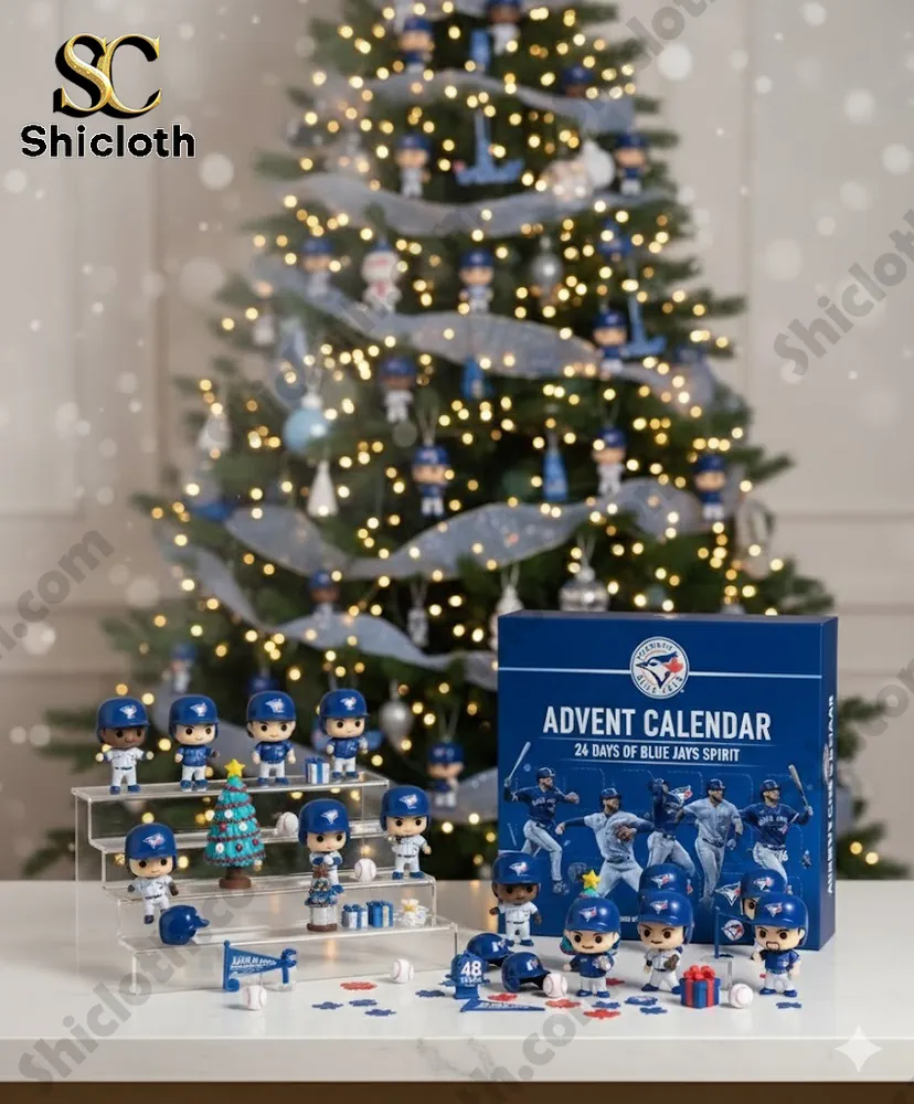 A Christmas tree decorated with Blue Jays mini figures and ornaments with the Toronto Blue Jays Advent Calendar displayed nearby.