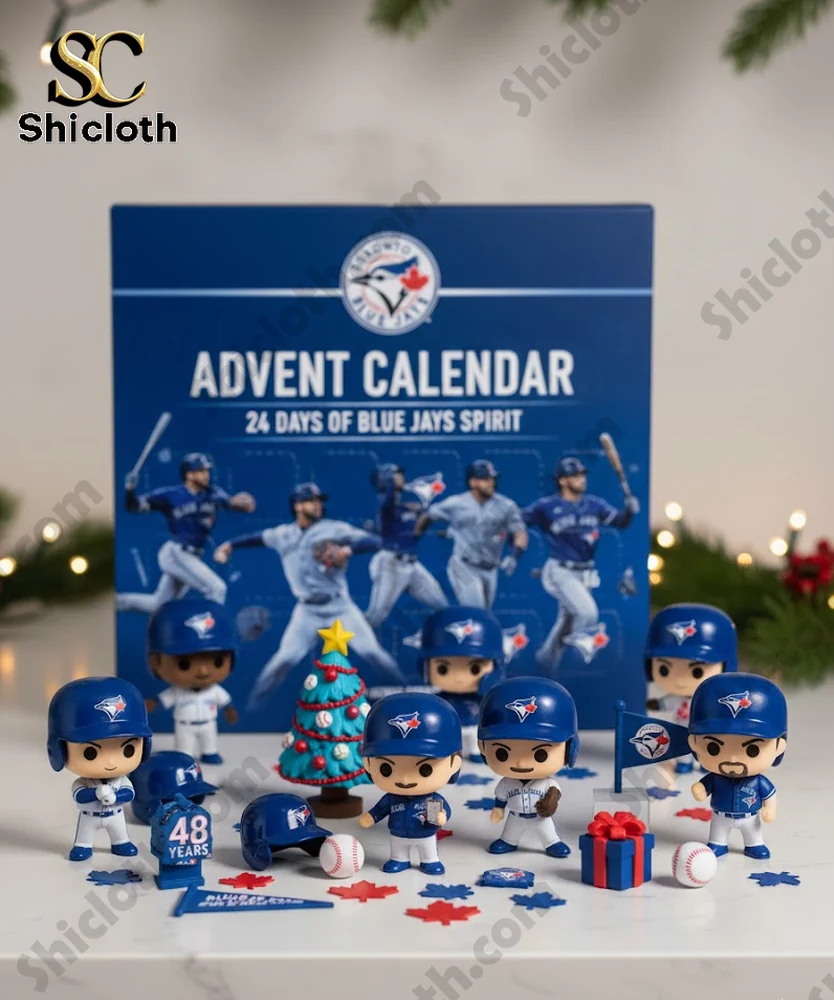 Toronto Blue Jays 24 Day Advent Calendar Mini Figures 4 Mini Blue Jays figures arranged in front of the Toronto Blue Jays Advent Calendar box with festive decorations.