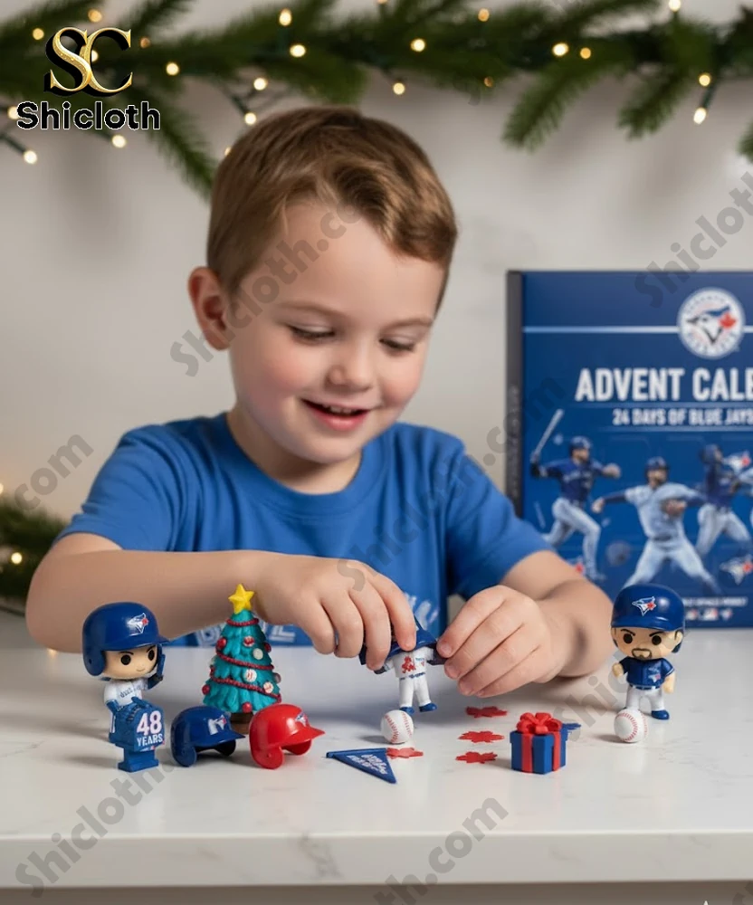 Toronto Blue Jays 24 Day Advent Calendar Mini Figures 5 A young boy plays with Toronto Blue Jays mini figures in front of the Advent Calendar box.