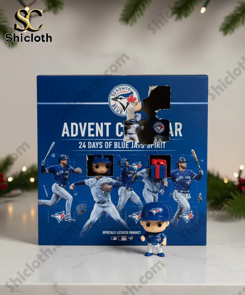 Toronto Blue Jays 24 Day Advent Calendar Mini Figures 6 The Toronto Blue Jays Advent Calendar box with opened windows revealing mini figures and gifts.