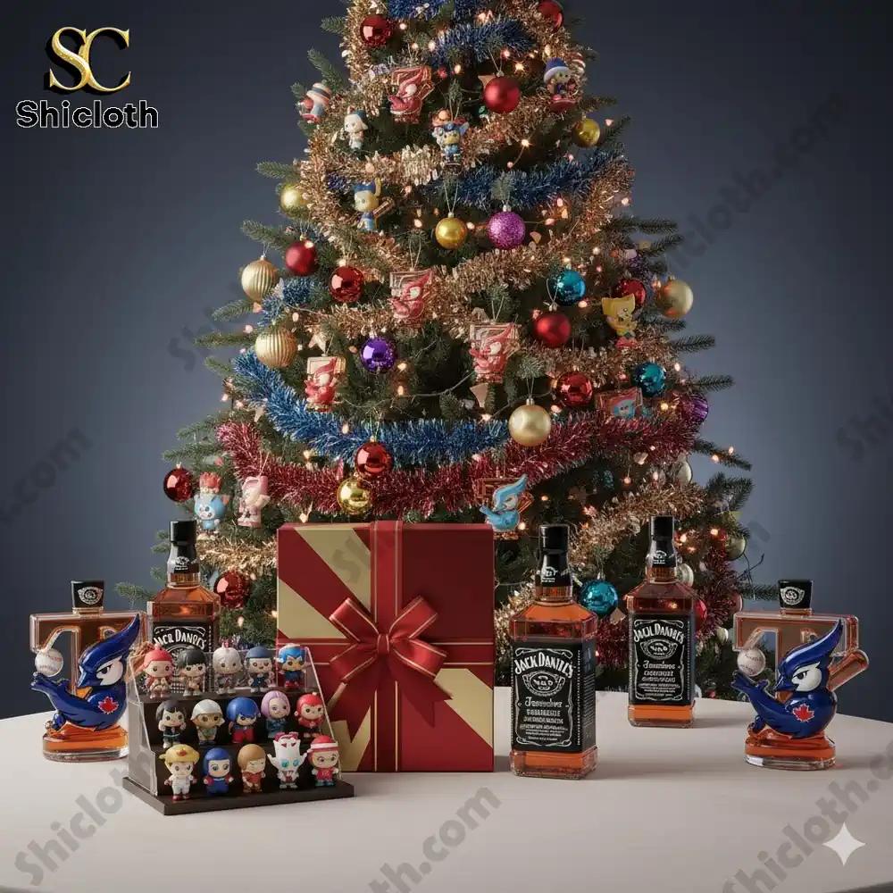 A collection of Jack Daniel's whiskey bottles and character figures displayed in front of a Christmas tree with festive decorations.
