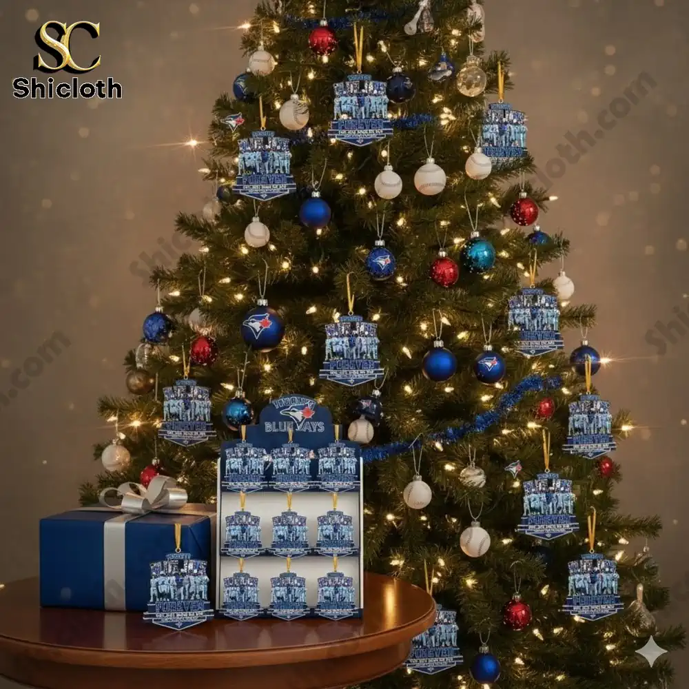 A Christmas tree decorated with Toronto Blue Jays commemorative ornaments, featuring baseball-themed decorations and lights.