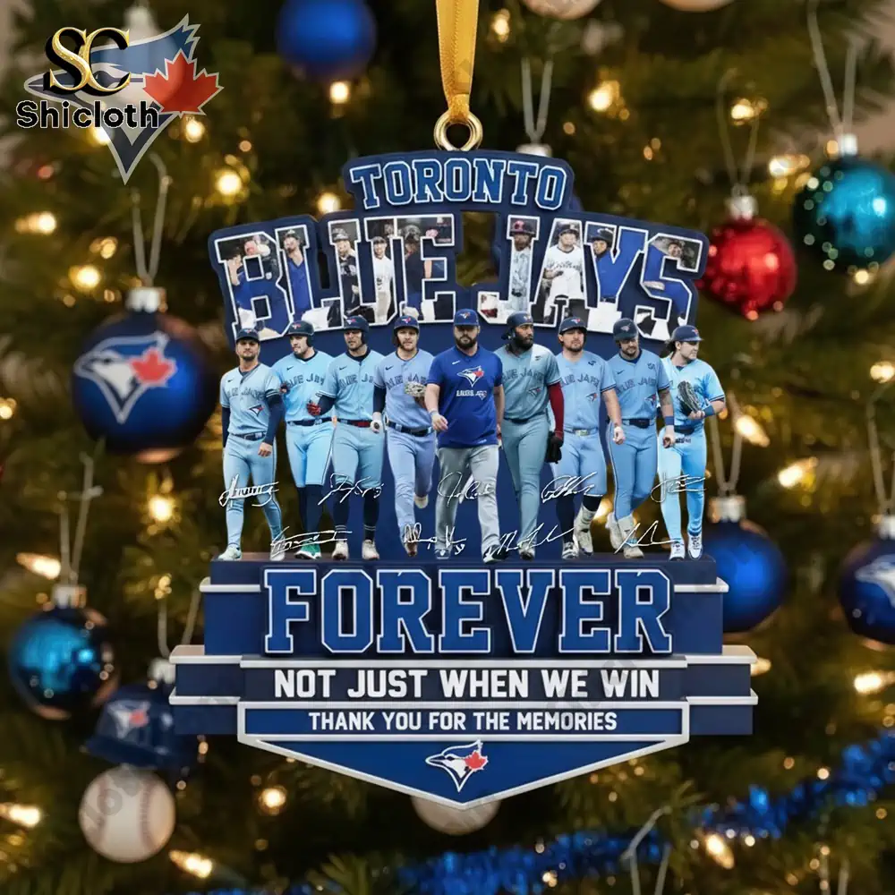 Close-up of a Toronto Blue Jays commemorative ornament with team players and the slogan "Forever Not Just When We Win."