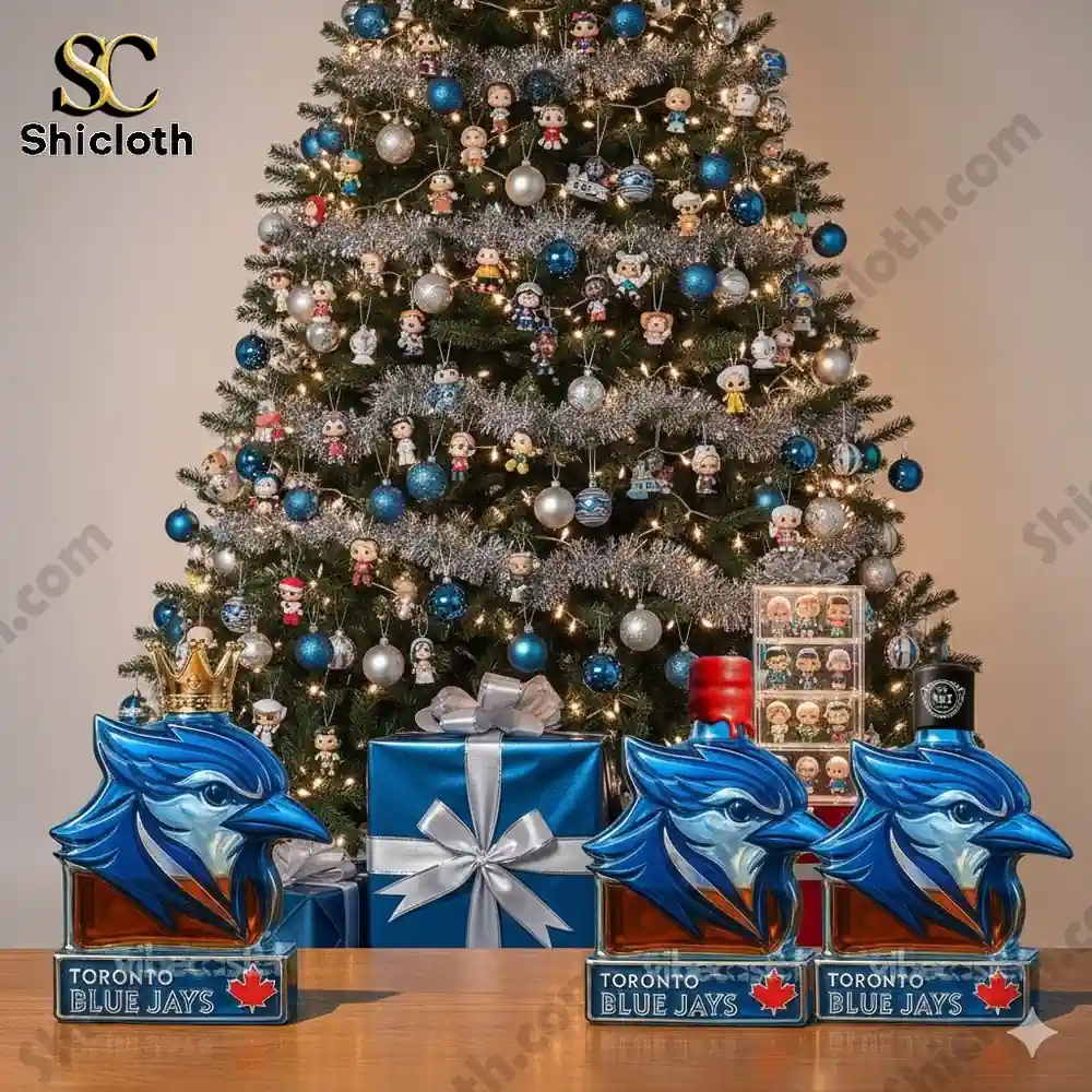 Christmas tree decorated in blue and silver with Toronto Blue Jays bottles and character figures on a table!