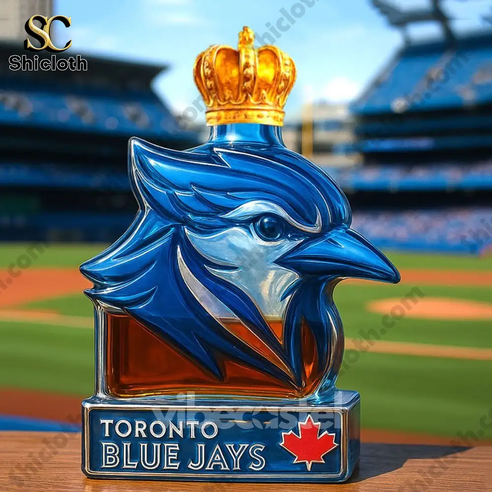 Toronto Blue Jays bottle with a gold crown cap displayed on a baseball field!