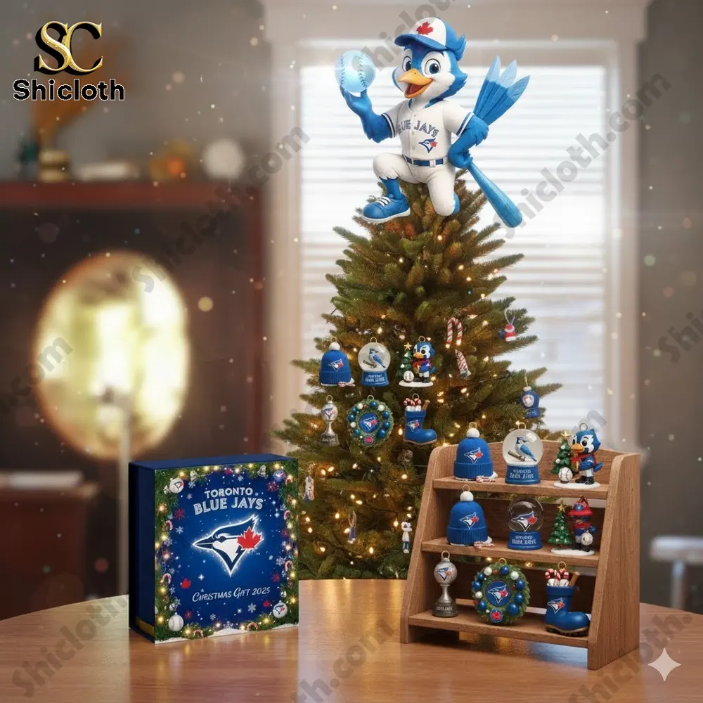 Christmas tree decorated with Toronto Blue Jays themed mascot topper and ornaments!