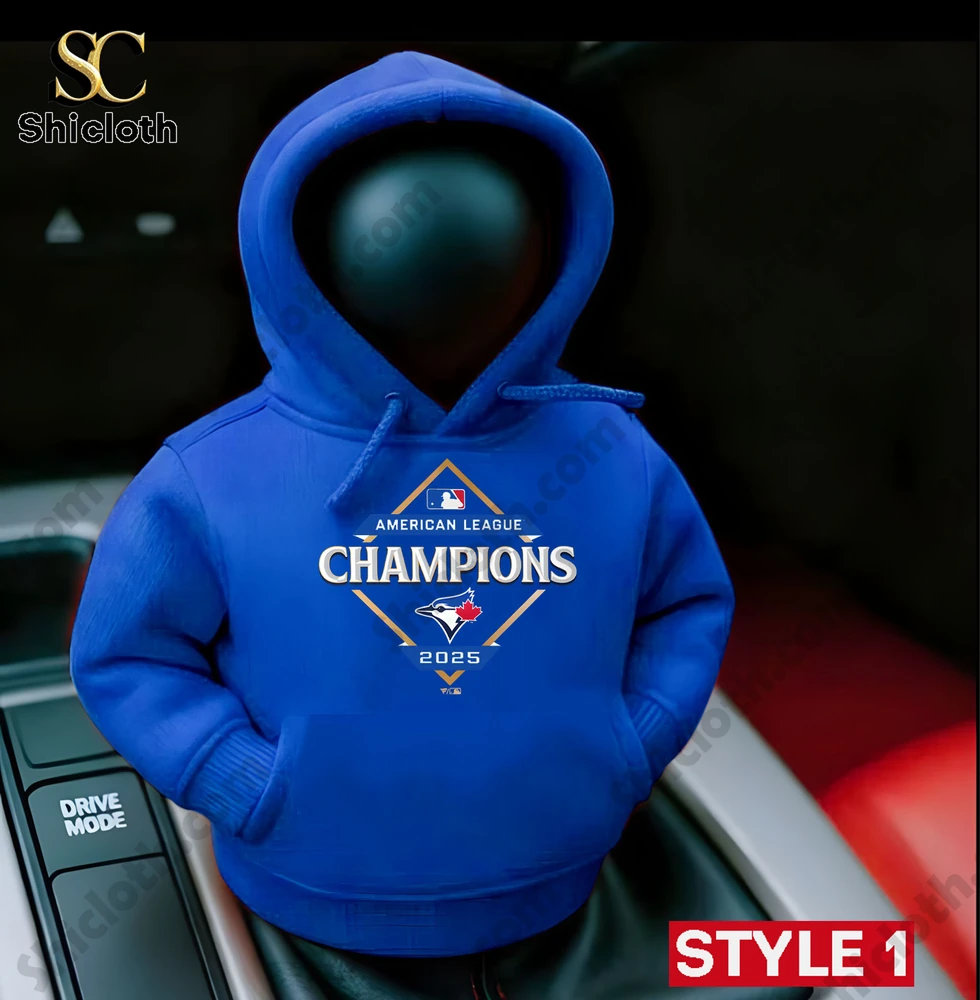 Blue mini hoodie with American League Champions 2025 logo placed on a car console!