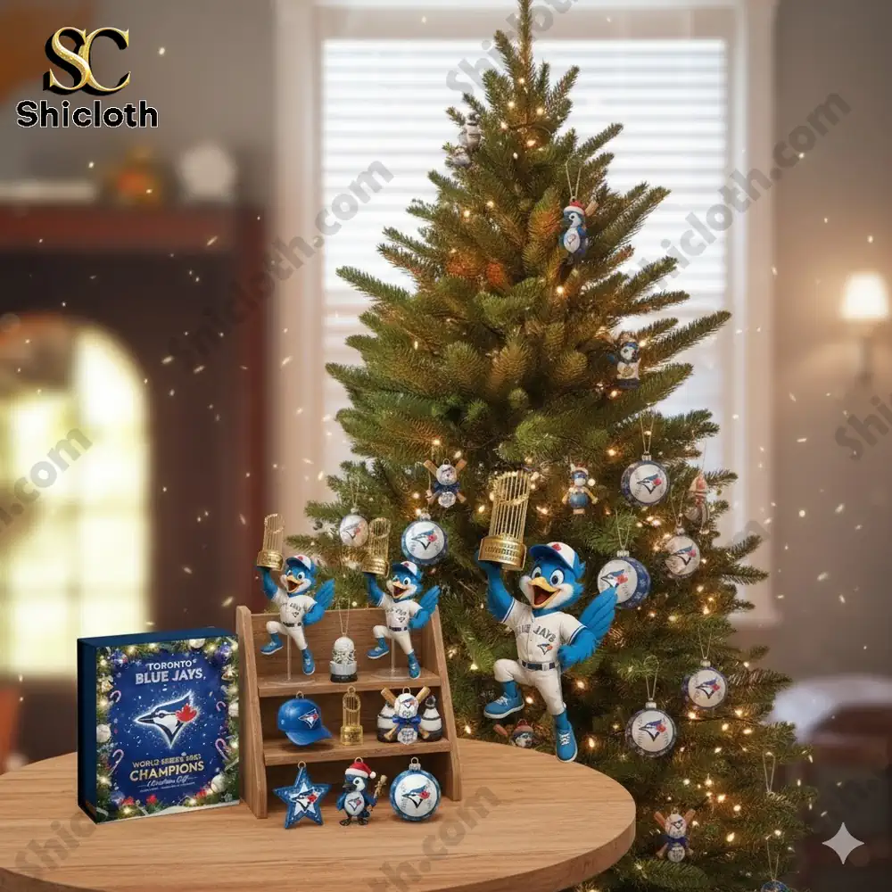 Blue Jays themed ornaments displayed on a holiday tree in a cozy room!