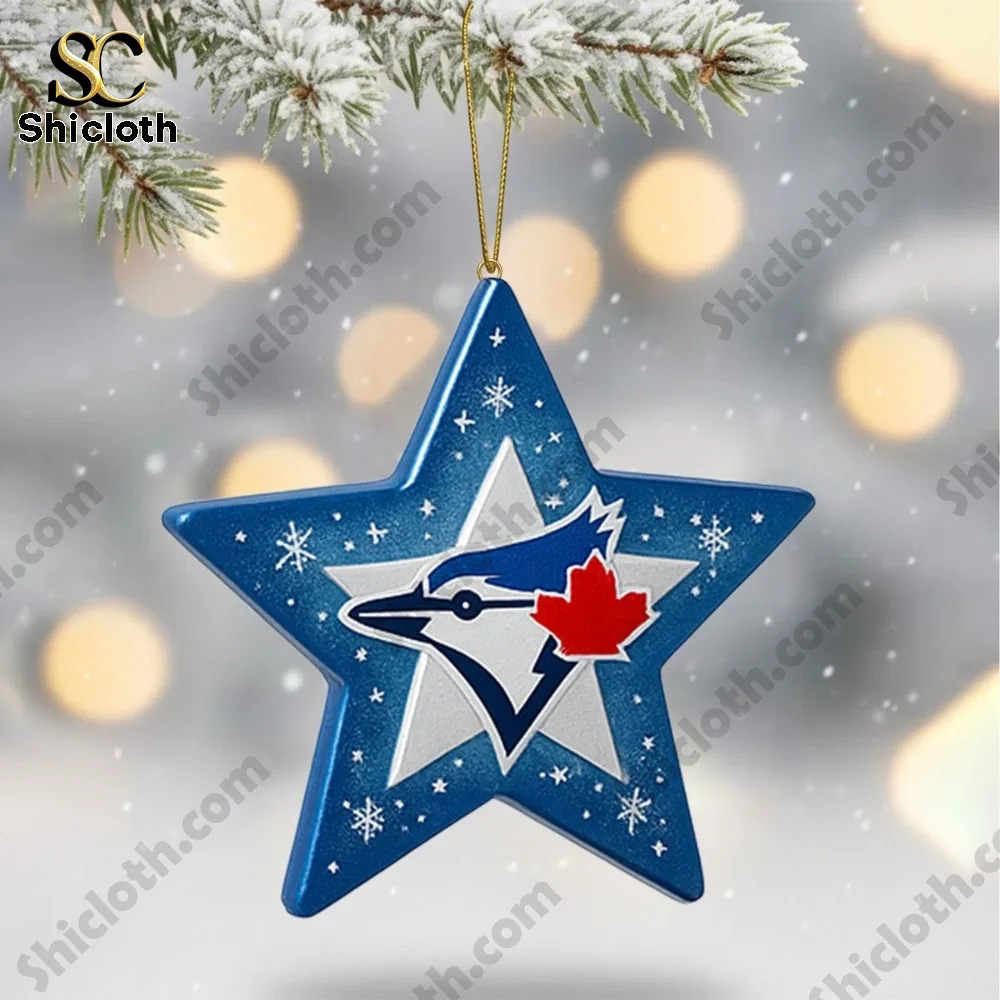 Toronto Blue Jays World Series 2025 Champions Christmas Tree Topper And Ornament Set Set 3 Blue star ornament featuring the Blue Jays logo!
