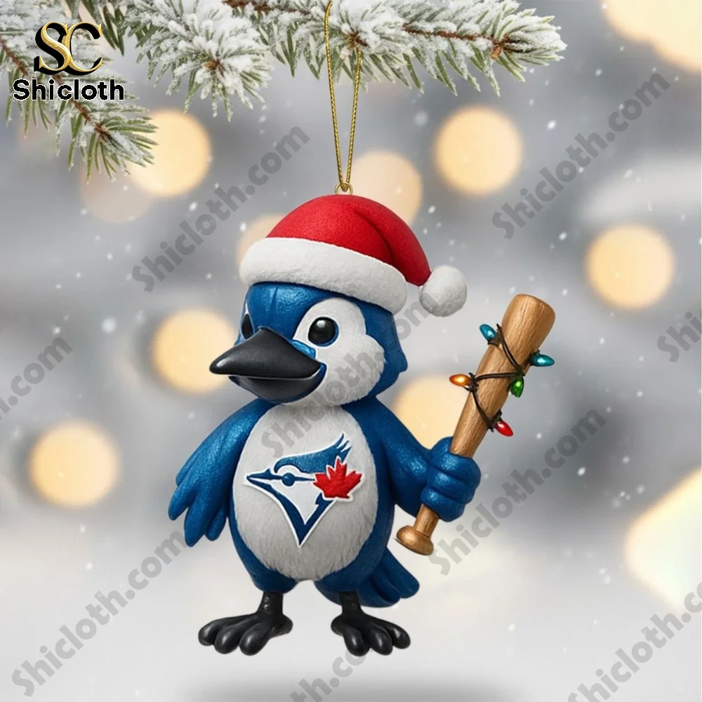 Toronto Blue Jays World Series 2025 Champions Christmas Tree Topper And Ornament Set Set 4 Blue bird ornament wearing a Santa hat and holding a scroll!