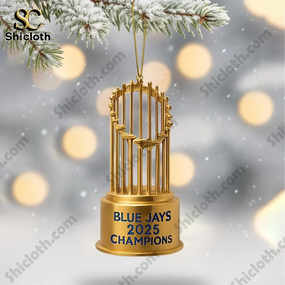 Toronto Blue Jays World Series 2025 Champions Christmas Tree Topper And Ornament Set Set 5 Golden hanging trophy for Blue Jays 2025 champions!