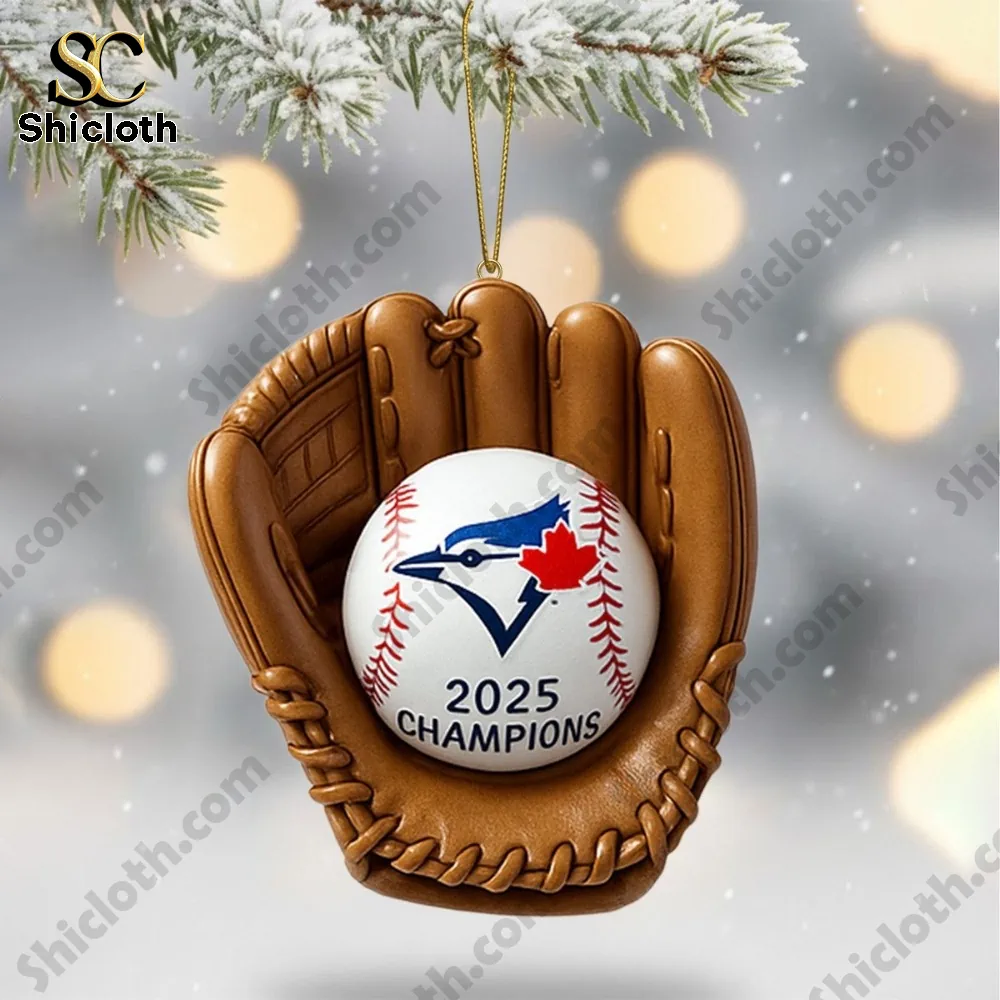 Toronto Blue Jays World Series 2025 Champions Christmas Tree Topper And Ornament Set Set 6 Baseball glove ornament holding a Blue Jays 2025 champions ball!