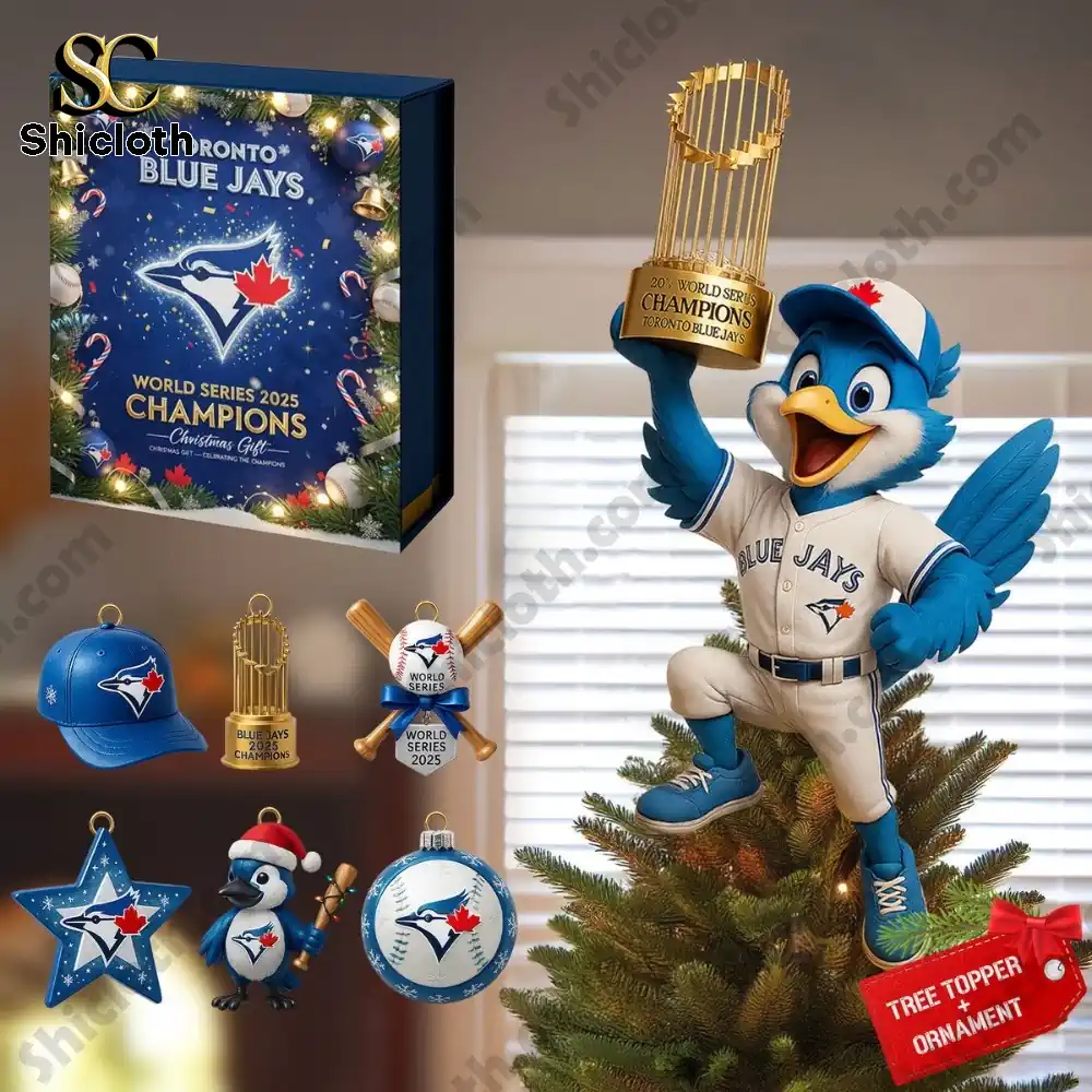 Toronto Blue Jays World Series 2025 Champions Christmas Tree Topper And Ornament Set Set 7 Blue Jays figure display with ornaments and a champions frame!