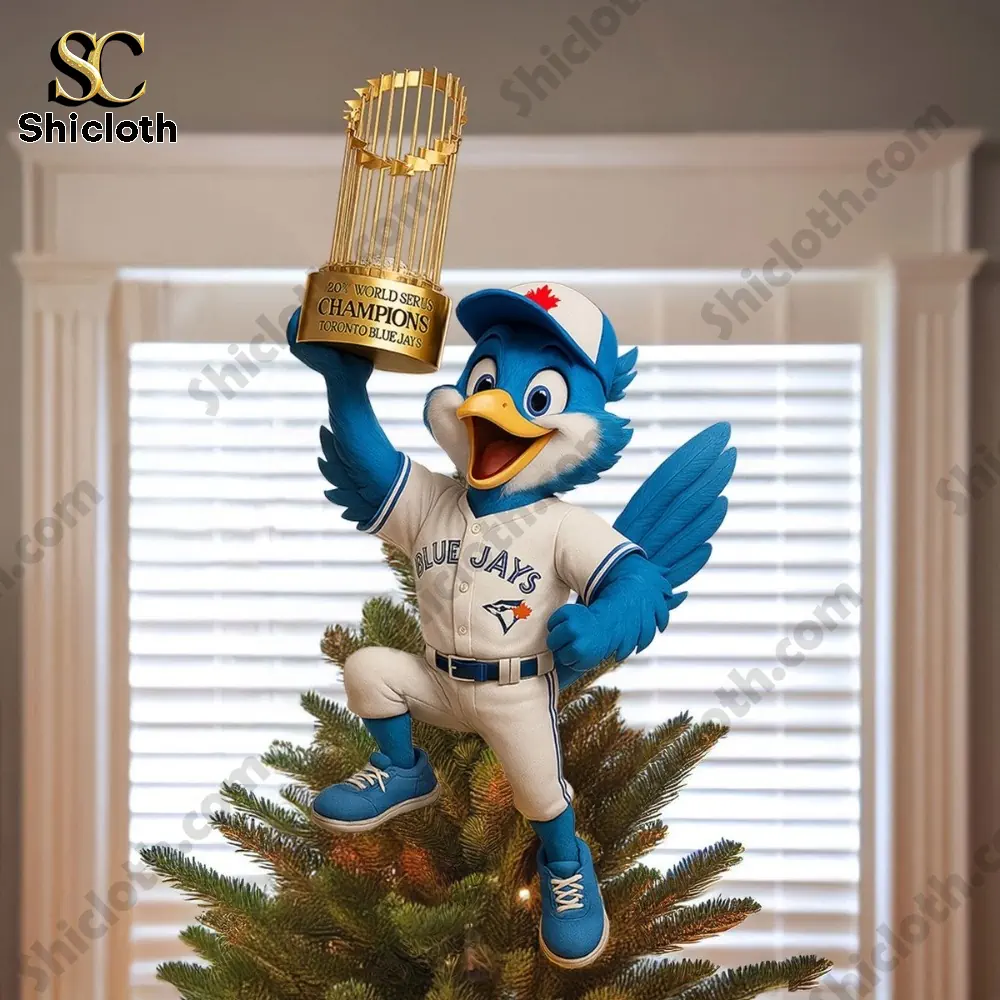 Toronto Blue Jays World Series 2025 Champions Christmas Tree Topper And Ornament Set Set 8 Blue Jays mascot ornament holding a trophy on a tree top!