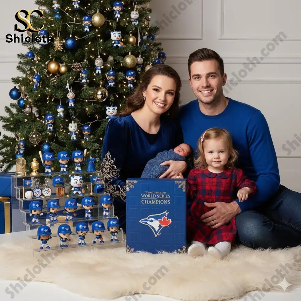 A smiling family sits beside a decorated Christmas tree holding the Toronto Blue Jays World Series Champions Advent Calendar 2025 box.