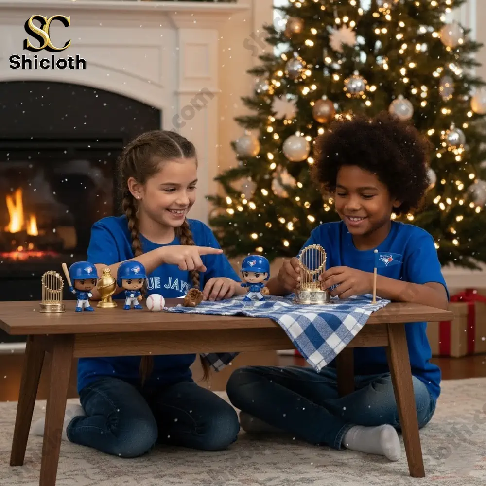 Toronto Blue Jays World Series Champions Advent Calendar 2025 3 Two children wearing Blue Jays shirts play with mini Blue Jays figures and trophies beside a Christmas tree.