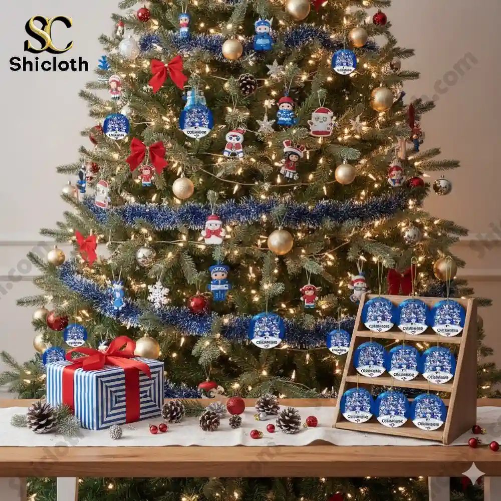 Christmas tree decorated with Toronto Blue Jays Champions 2025 ornaments and gift boxes on a wooden table!