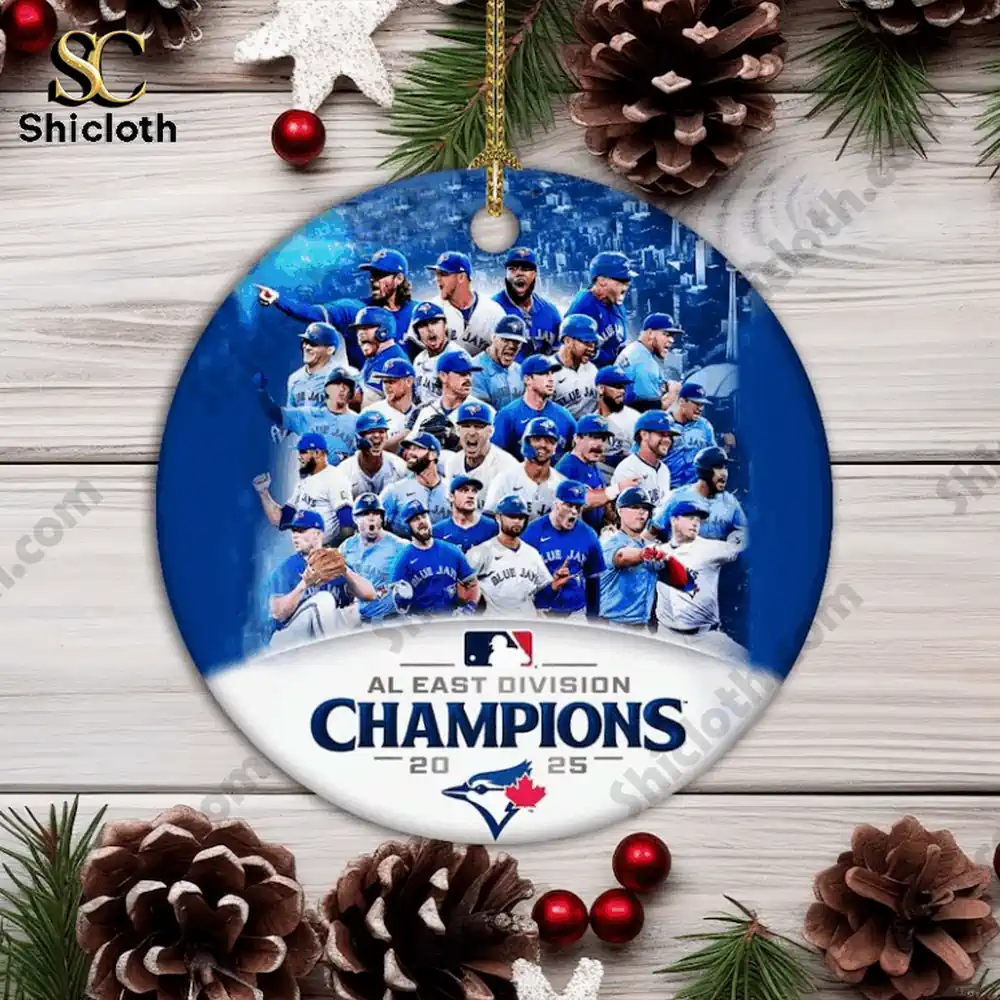 Close up of Toronto Blue Jays 2025 Champions ornament featuring team photo and logo!