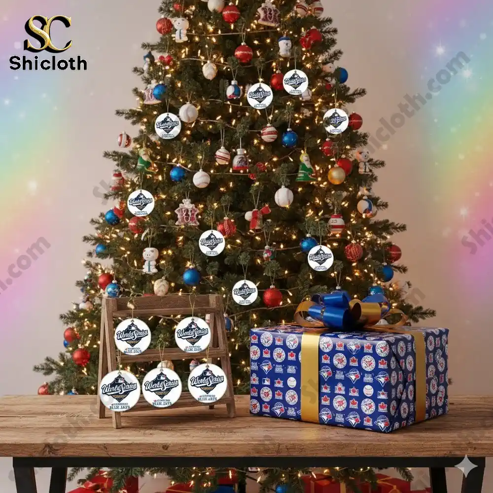 Christmas tree decorated with Toronto Blue Jays World Series 2025 ornaments and gifts under the tree!