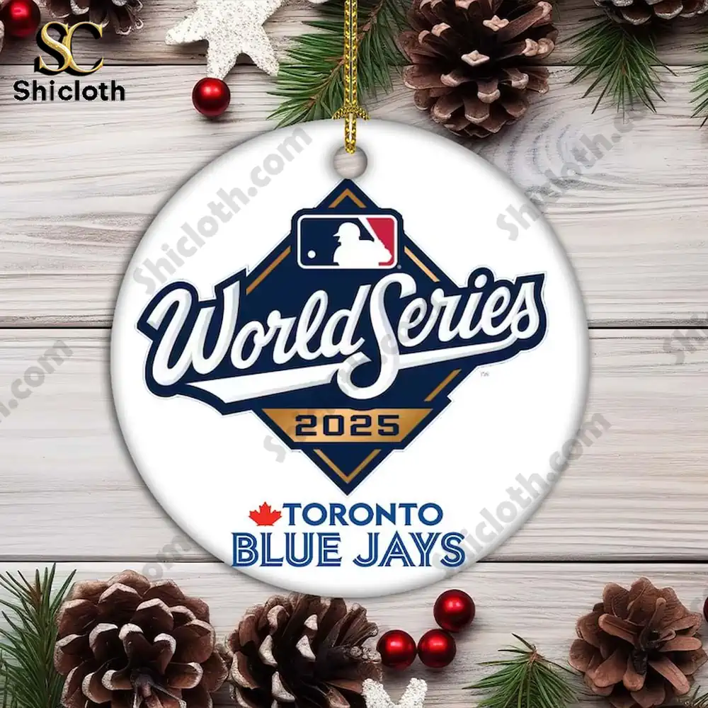Close up of Toronto Blue Jays World Series 2025 ornament on wooden background with pinecones!