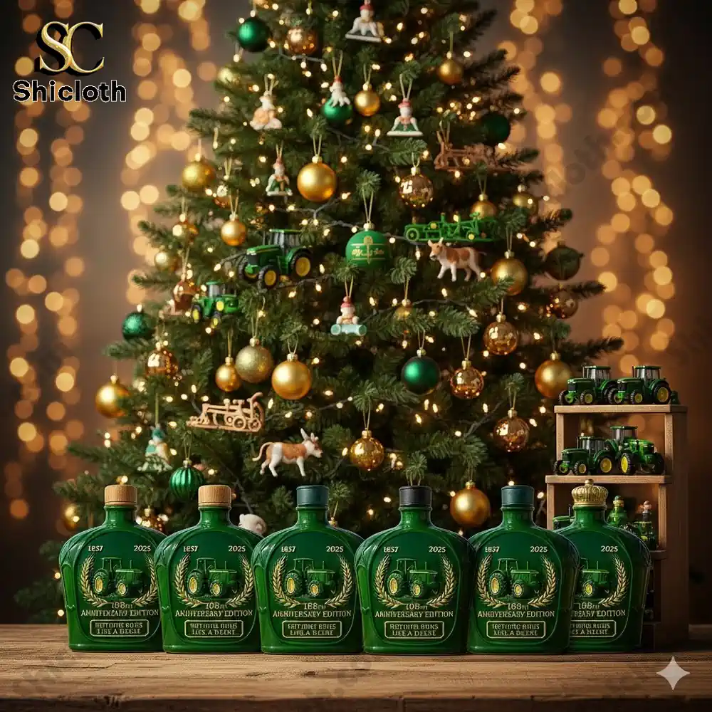 A collection of John Deere whiskey bottles in front of a Christmas tree decorated with green tractors and ornaments.