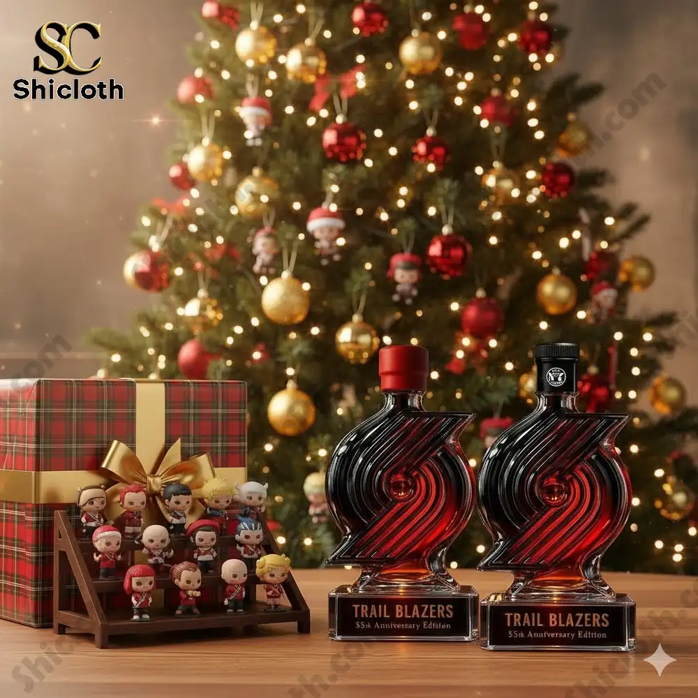 Image of two bottles of Trail Blazers 55th Anniversary Edition with collectible figures in front of a Christmas tree.