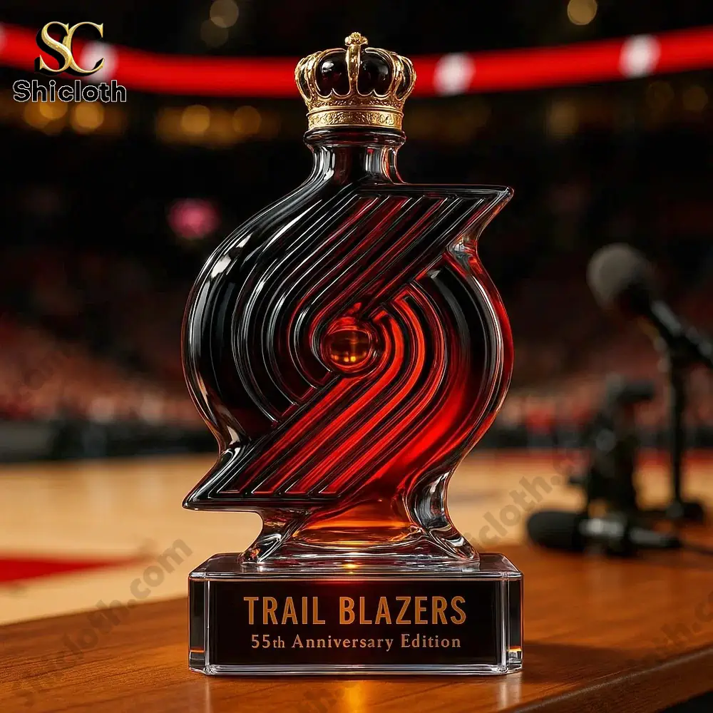 Close-up shot of the Trail Blazers 55th Anniversary Edition bottle on a basketball court.