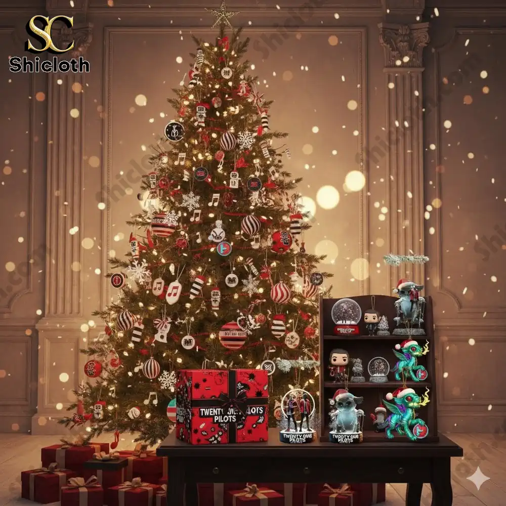 Christmas tree with Twenty One Pilots themed ornaments and Shicloth gift items.