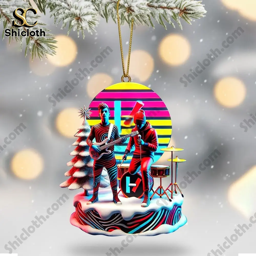 Colorful hanging ornament showing two band figures performing in a snowy scene.