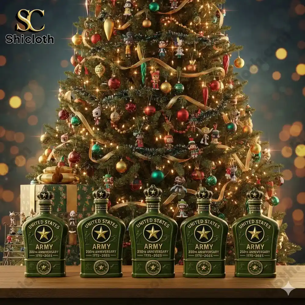A Christmas tree decorated with festive ornaments and U.S. Army 250th Anniversary bottles arranged at the base. A Christmas tree decorated with festive ornaments and U.S. Army 250th Anniversary bottles arranged at the base.