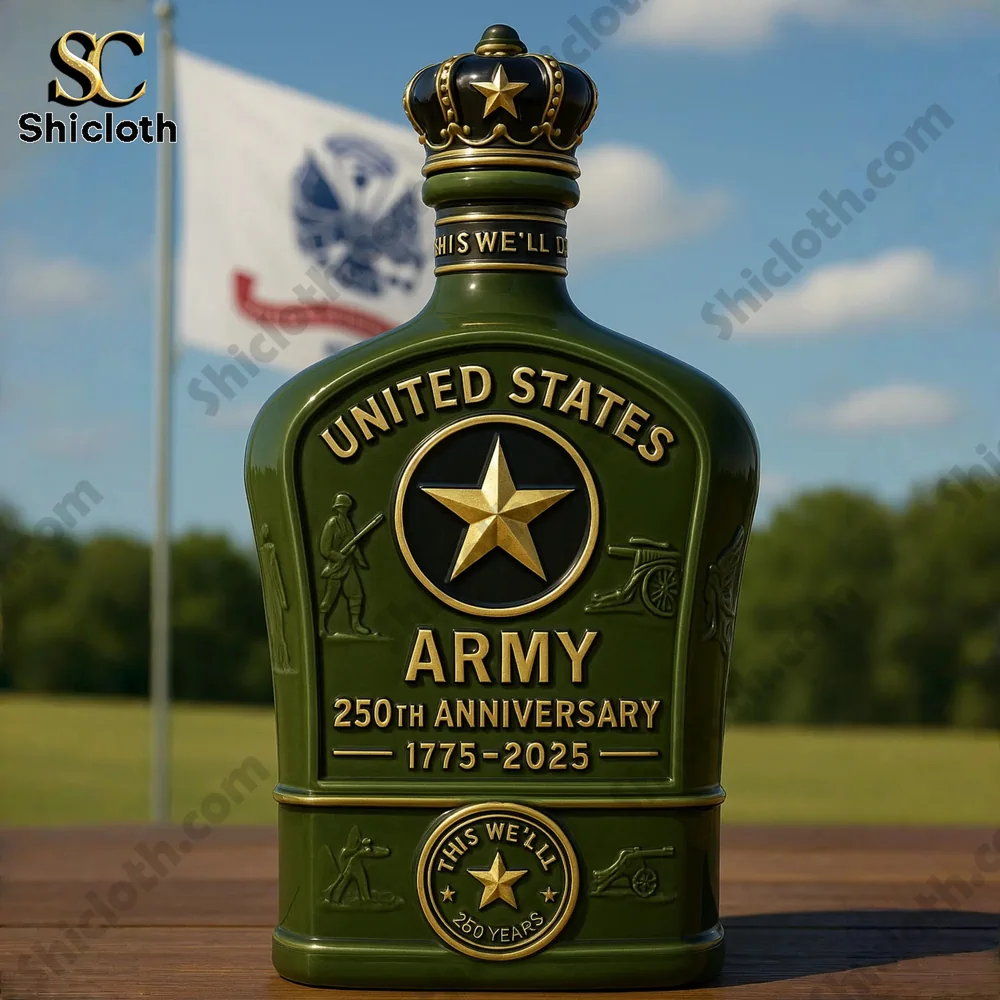 Close-up of a U.S. Army 250th Anniversary bottle with a flag in the background.