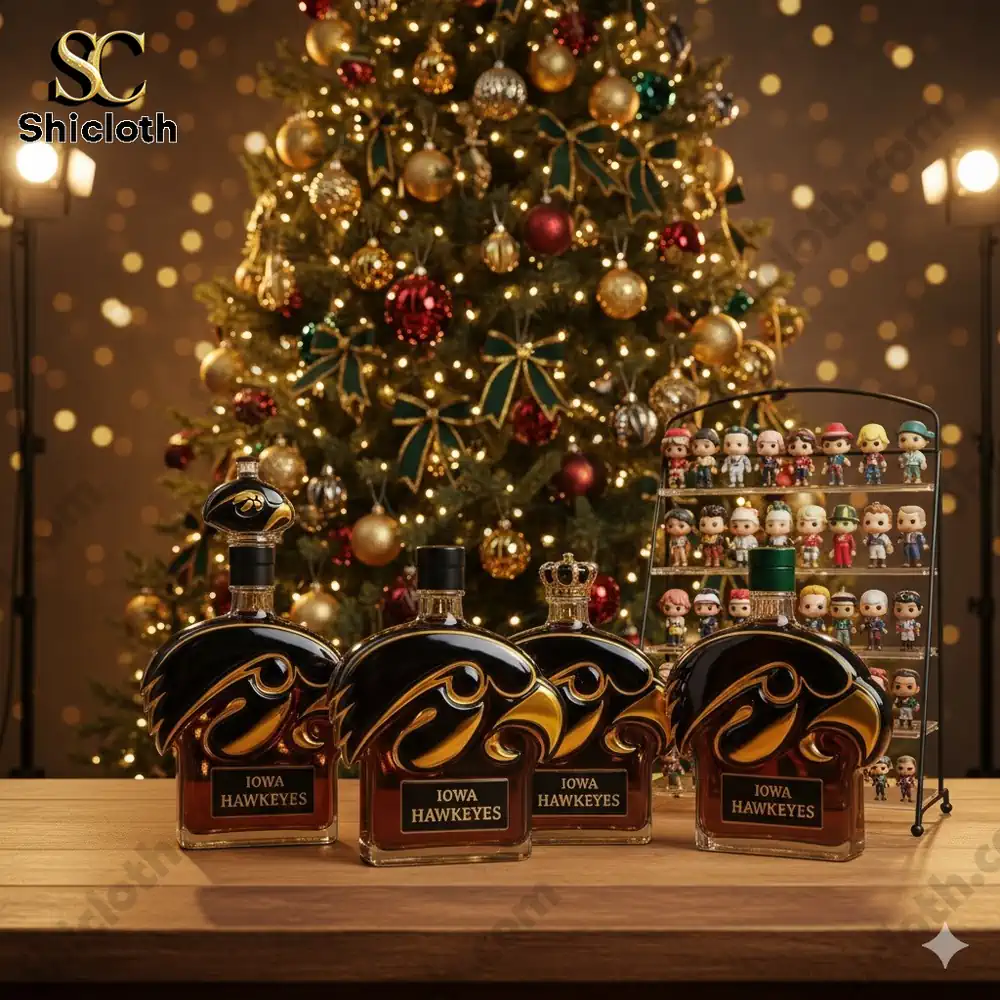 Christmas tree with Iowa Hawkeyes logo bottles and a rack of small character figures on a table!