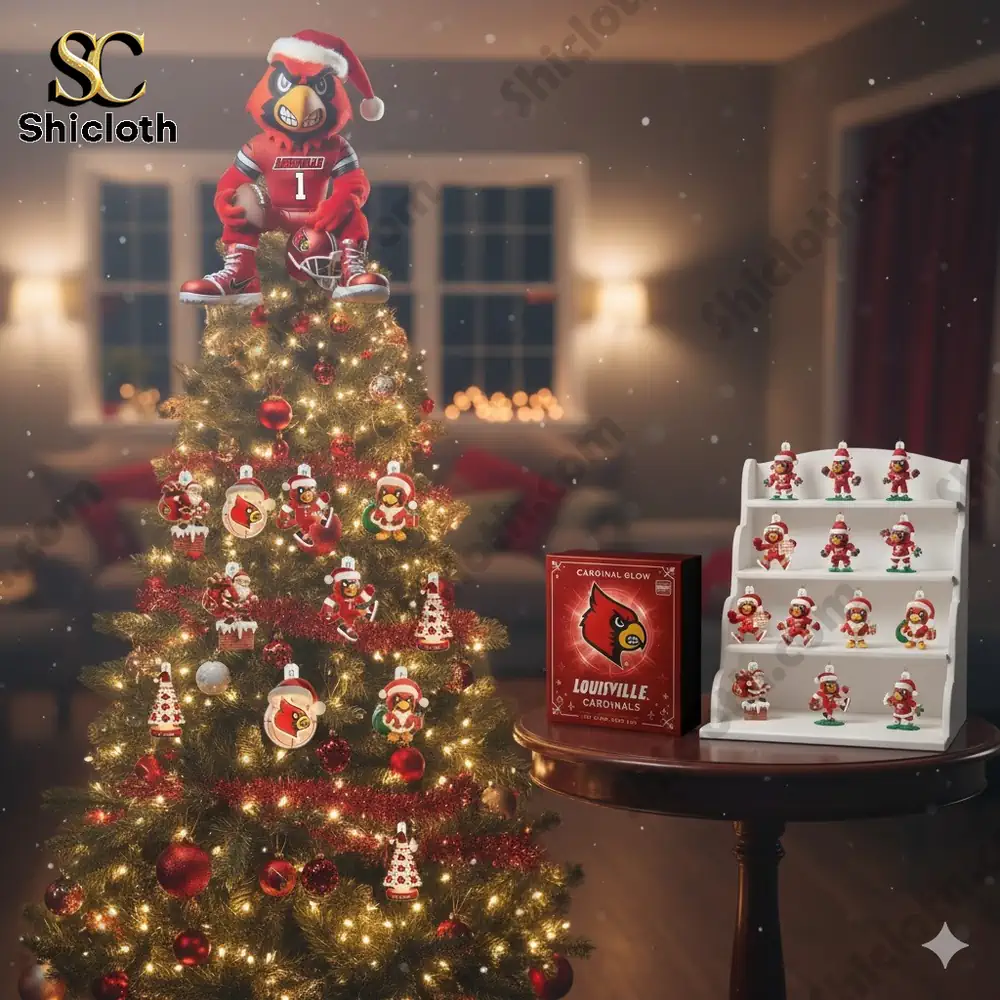 Louisville cardinal figure sitting on top of a decorated Christmas tree in a cozy room.
