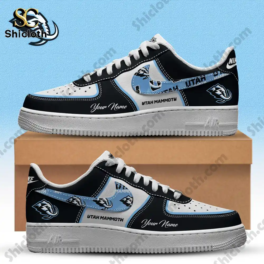 Close up of custom Utah Mammoth black and white sneakers on a box.