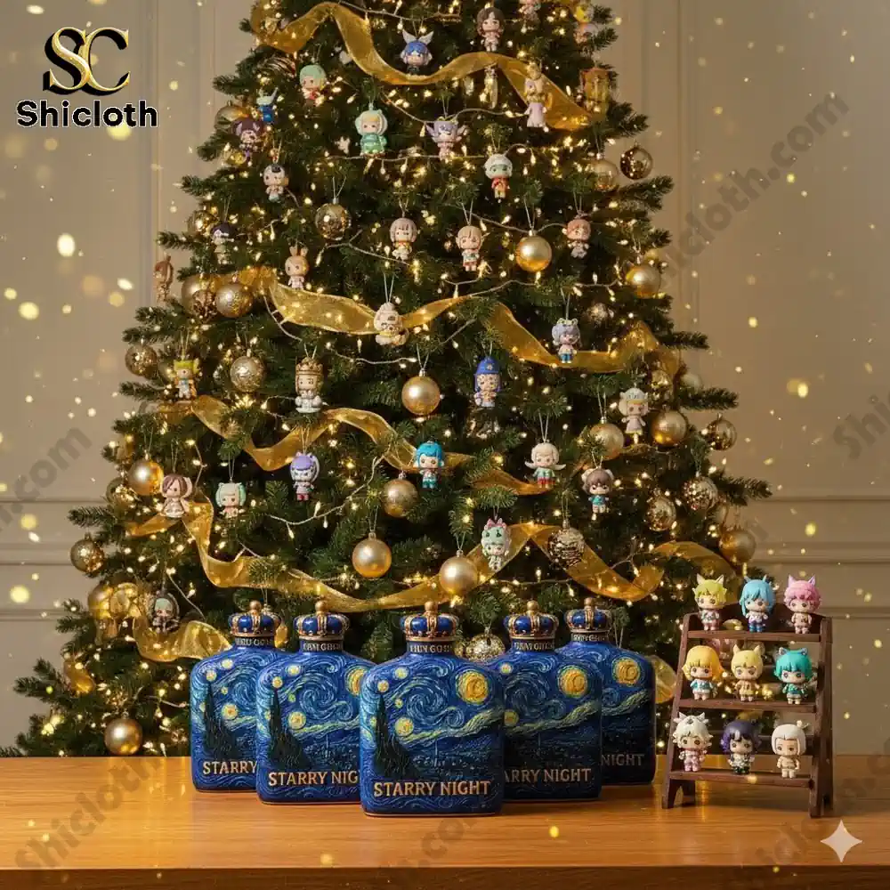 A decorated Christmas tree with golden ribbons, lights, and several character figurines hanging, along with four bottles of Starry Night whiskey on a wooden table.