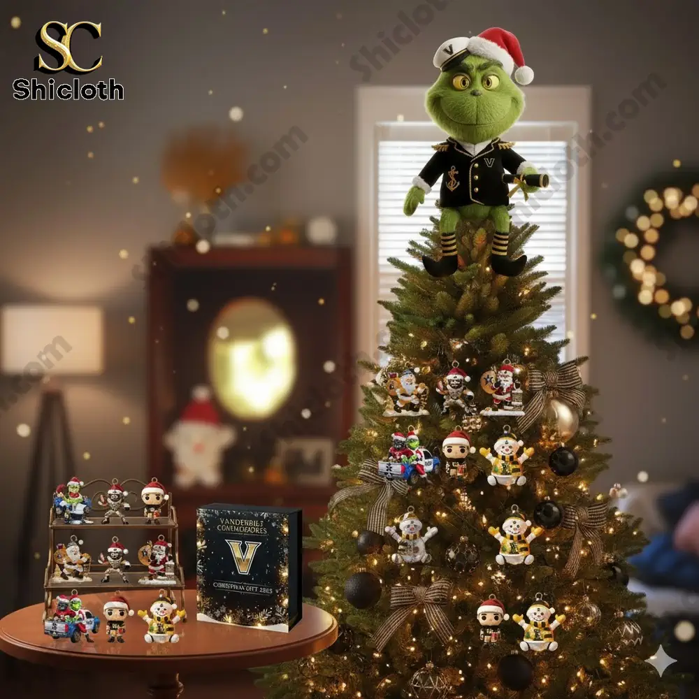 Green character topper on a Christmas tree with holiday decor