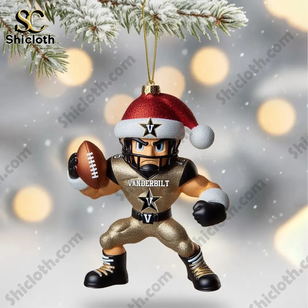 Mascot holding a football wearing a red hat as a Christmas ornament