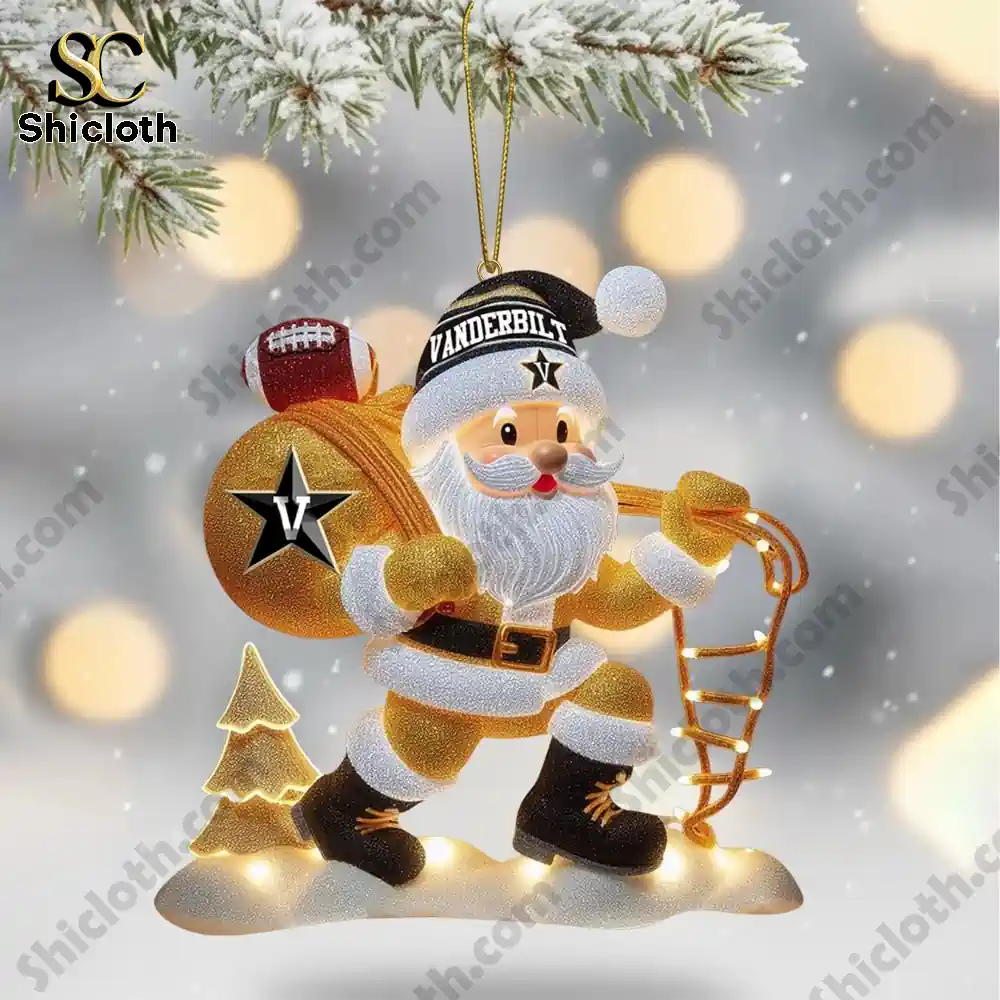 Vanderbilt Commodores Grinch 2025 Christmas Tree Topper And Ornament Set 3 Sport themed Santa ornament carrying a gift bag