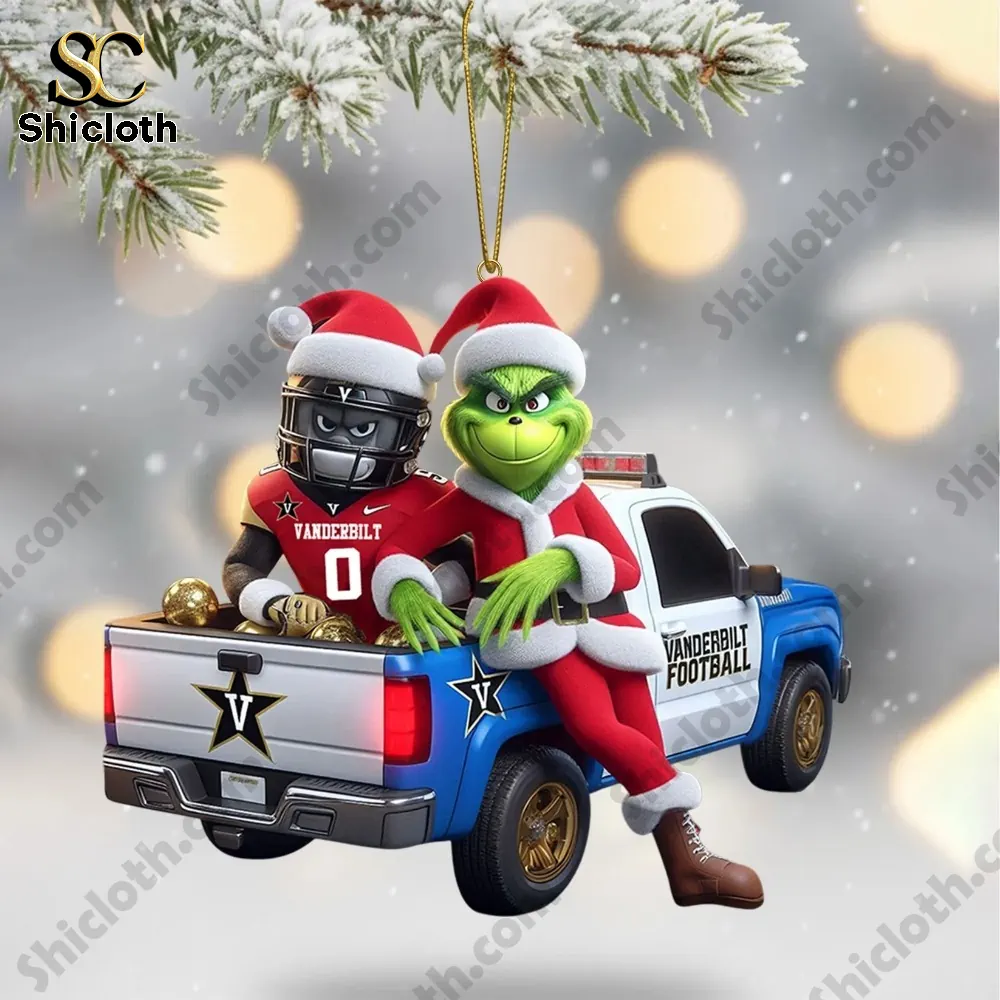 Vanderbilt Commodores Grinch 2025 Christmas Tree Topper And Ornament Set 4 Green character and player sitting on a pickup truck ornament
