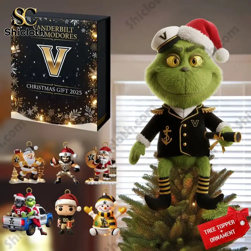 Vanderbilt Commodores Grinch 2025 Christmas Tree Topper And Ornament Set 8 Green character topper with holiday gift box display