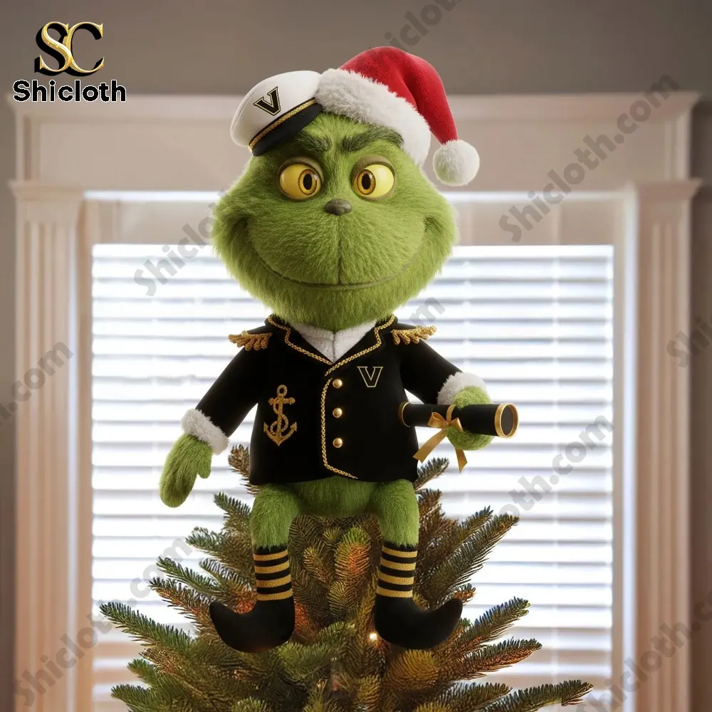 Vanderbilt Commodores Grinch 2025 Christmas Tree Topper And Ornament Set 9 Green character standing on top of a Christmas tree