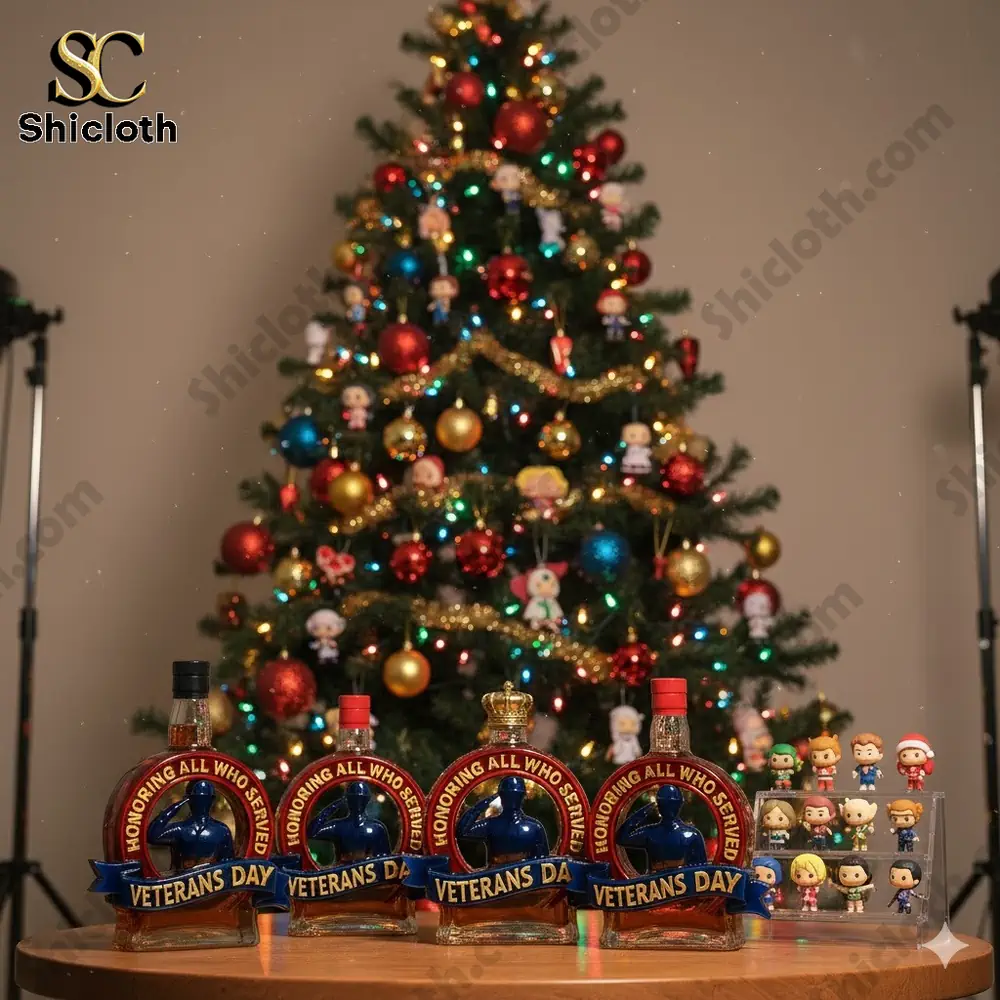 A group of Veterans Day bottles with a Christmas tree in the background.