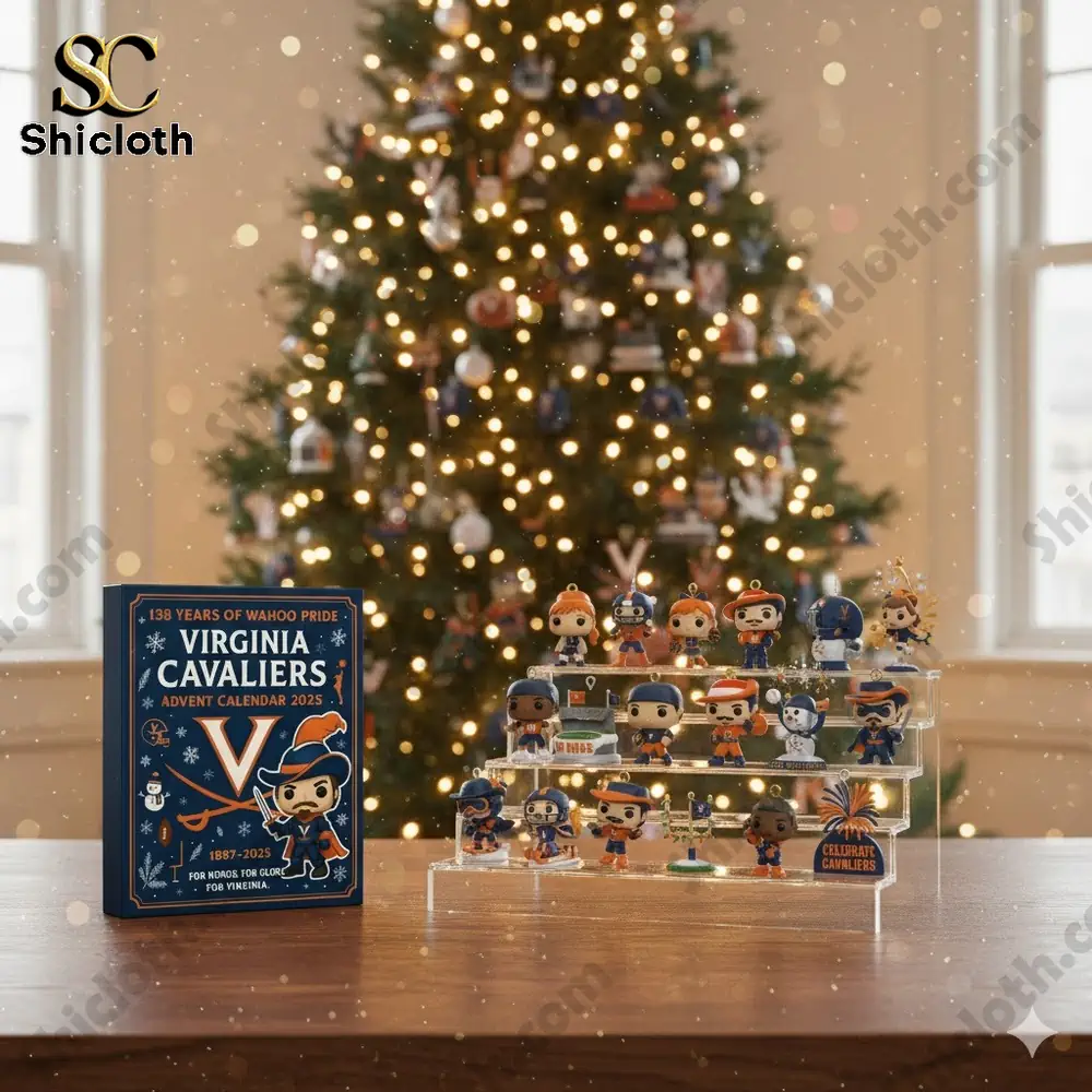 Virginia Cavaliers Advent Calendar 2025 set displayed on a table in front of a decorated Christmas tree!