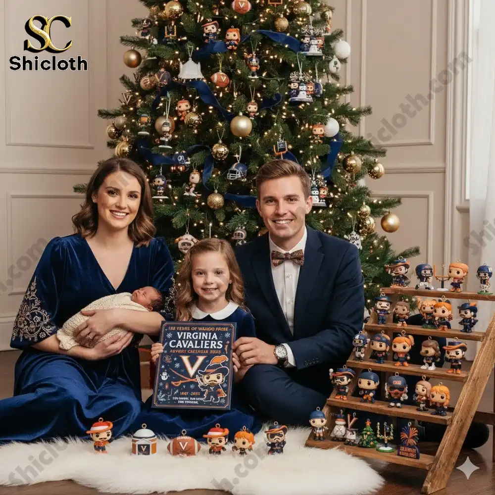 A family posing with the Virginia Cavaliers Advent Calendar 2025 in front of a Christmas tree!