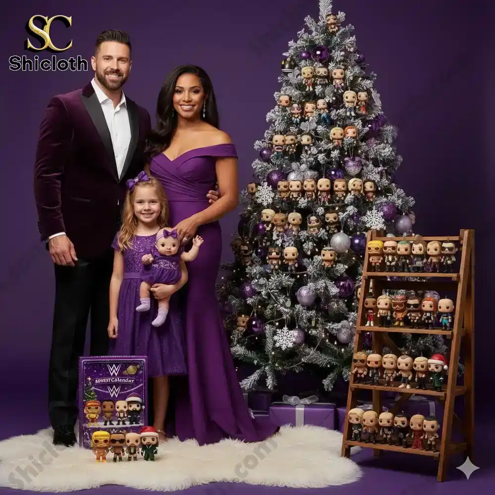 A family poses beside a Christmas tree decorated with WWE mini collectible figures.